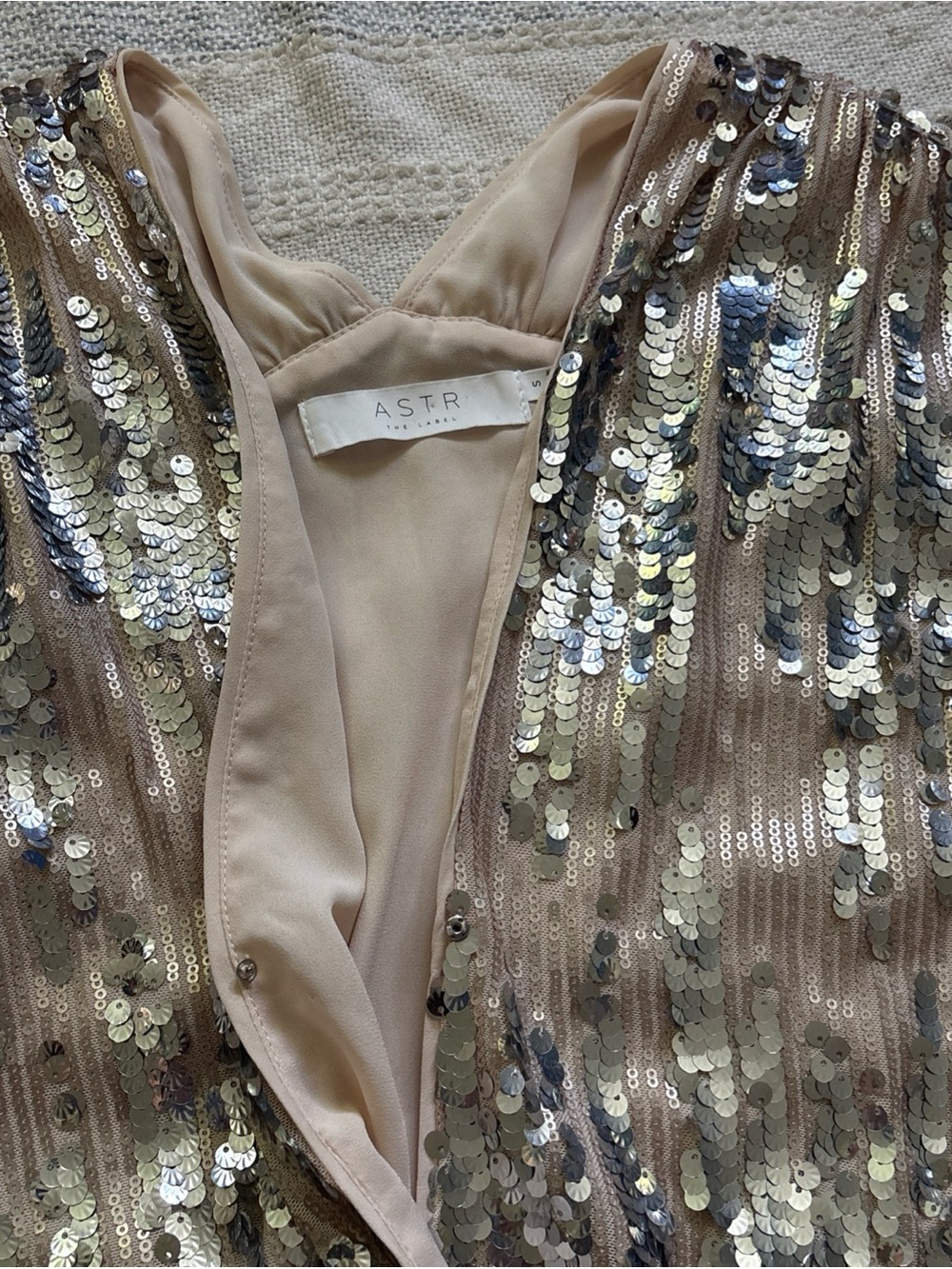 Astr Gold Sequin Nude-Base Plunging Bodysuit - Picture 7 of 10